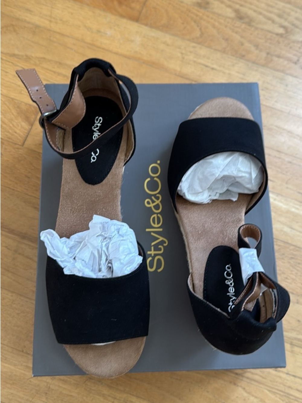 Style & Co. Black Suede Espadrille Wedge Sandals with Ankle Strap - Picture 3 of 7